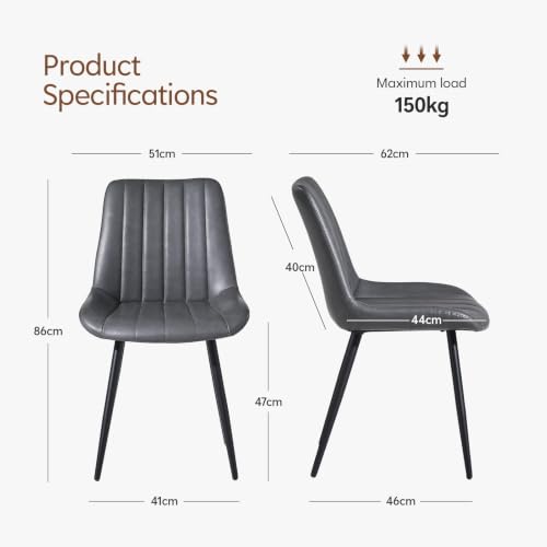 TUKAILAi Juego de 2 sillas de Comedor de Piel sintética Gris con Respaldo y Patas de Metal Negro, Asiento tapizado en Esquina para el hogar, Comedor, Sala de Estar, Restaurante