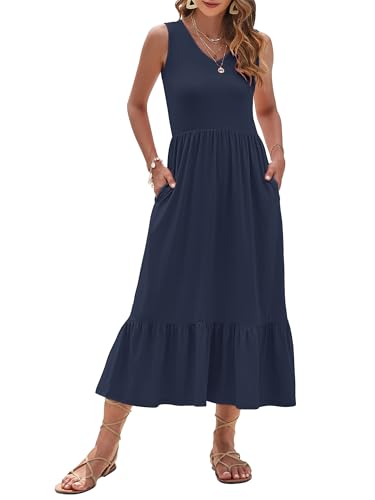 Image of AUSELILY Womens Summer Maxi Dress Casual Sleeveless V Neck Floral Dresses | A line shape with practical side pockets, Vacation dress for resort walks, Pair with low heels and simple jewelry