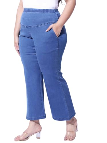 Image of AMYDUS Plus Size Women Tummy Shaper Bell Bottom Jeans | High-Waist | Stretchable | Wide Waistband | 2 Pockets | Cloud Soft Fabric | Tummy Tucker Jeggings for Women - L to 9 XL Black