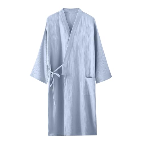 Men's Kimono Solid Color Breathable Robe Unisex Lightweight Soft Knee Length Spa Bathrobe Sleepwear with Pockets