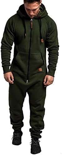WUAI Onesie Men's Hooded Jumpsuit Zip Up One Piece Pajamas Playsuit Jogger Sweatsuit Overall Romper Army Green