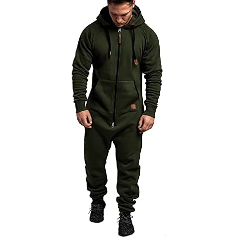 WUAI Onesie Men's Hooded Jumpsuit Zip Up One Piece Pajamas Playsuit Jogger Sweatsuit Overall Romper (Army Green,XX-Large) Cover