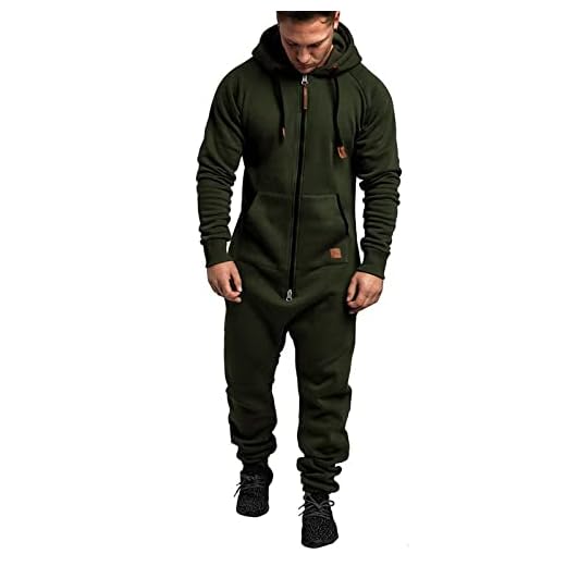 WUAI Onesie Men's Hooded Jumpsuit Zip Up One Piece Pajamas Playsuit Jogger Sweatsuit Overall Romper (Army Green,X-Large)