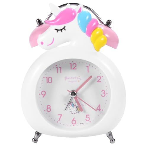 NIYANGLE Despertador de Escritorio para Diseño Unicornio Blanco Campana sin Batería Reloj Despertador Silencioso y Temporizador para Dormitorio Infantil Decoración Hogar