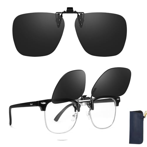 TJUTR Flip-Up Clip On Sunglasses Over Prescription Glasses Polarised Clip-On Sunglasses for Men Women UV400 Protection Anti-Glare Fit Over Sunglasses