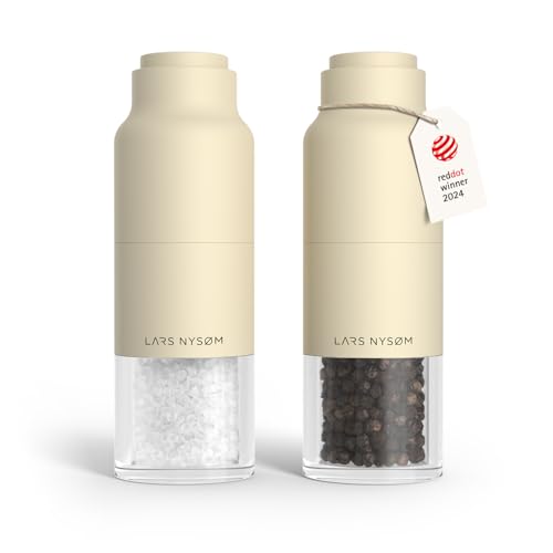 Image of LARS NYSOM Salt and Pepper Grinder Set, Stainless Steel Manual Salt and Pepper Mills, Adjustable Ceramic Grinder, Design Spice Shakers (Almond Beige)