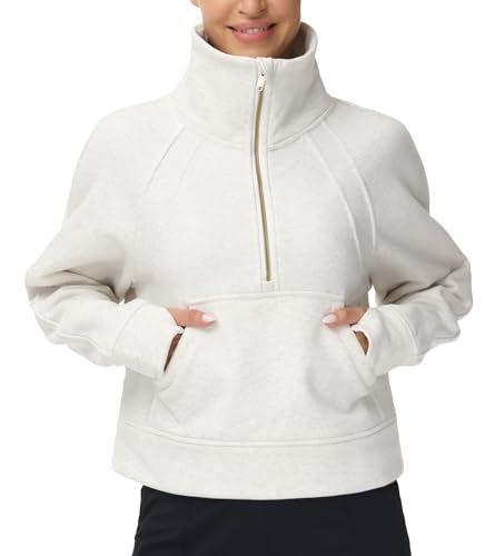 THE GYM PEOPLE Womens' Half Zip Pullover Fleece Stand Collar Crop Sweatshirt with Pockets Thumb Hole3