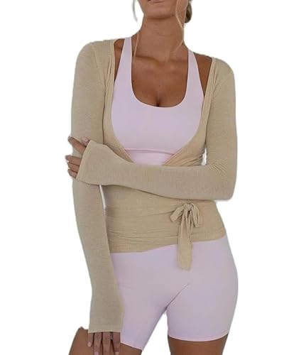 Image of Felcia Women Y2K Cross Tie Wrap Top Coquette Long Sleeve Deep V Neck Crop Shirt Slim Fit Dance Bolero Shrug Fairy Yoga Workout Blouse (Light Brown A, L)