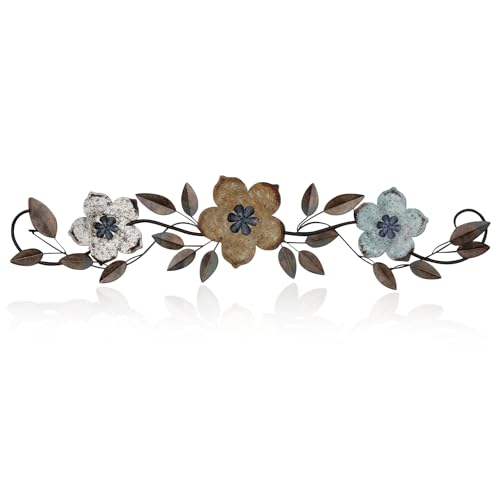 Wesiti Metal Flower Wall Decor Vintage Spring Metal Flower Wrought Iron Scroll Sculpture 15.7''x3.7'' Farmhouse Leaves Wall Decor with Nails for Spring Living Room Bedroom Indoor Outdoor(Colorful)