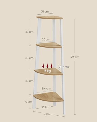 VASAGLE Eckregal, Bücherregal mit 4 Ebenen, Leiterregal, Aufbewahrungsregal, Pflanzenregal für Wohnzimmer, Industrial-Design, mit Stahlrahmen, natureichenfarben-mattweiß LLS034Y70