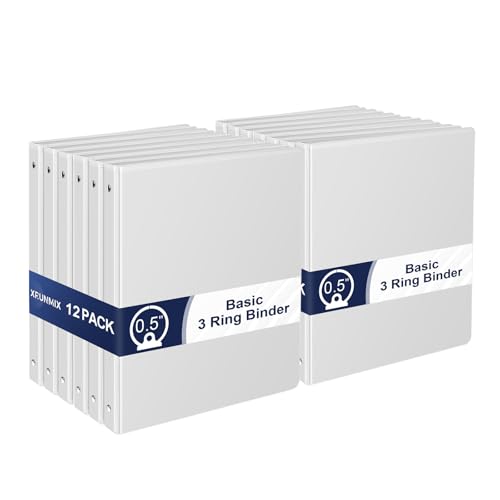 1/2 Inch 3-Ring-Binder with Pockets 0.5-inch Round Binders Holds 100 Sheets US Letter Size 8.5 x 11 - Bundle 12 Packs White Binders for Home Office and Back to School (0.5 - 12 Packs)