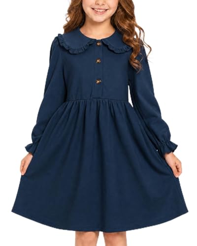 Image of JiAmy Girls Dress Ruffle Peter Pan Collar Long Sleeve Cotton Dresses Kids Elegant Casual Autumn Winter Clothes for 5-6 Years Navy Blue
