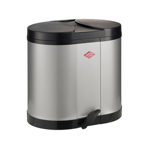 WESCO Ökosammler 170 in der Farbe silber, pulverbeschichtetes Stahlblech, zwei getrennte 15 Liter Einsätze aus Kunststoff, Kunststoff-Fußtritt
