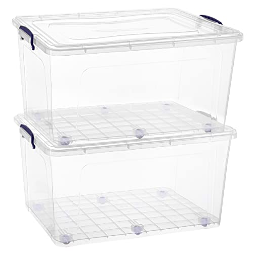Image of Superio Clear Storage Boxes with Wheels (2 Pack), 85 Qt Heavy Duty Containers with Lids, Stackable Rolling Bins for Home, Garage, Closet Organization- Linen, Tools, Clothing, Supplies