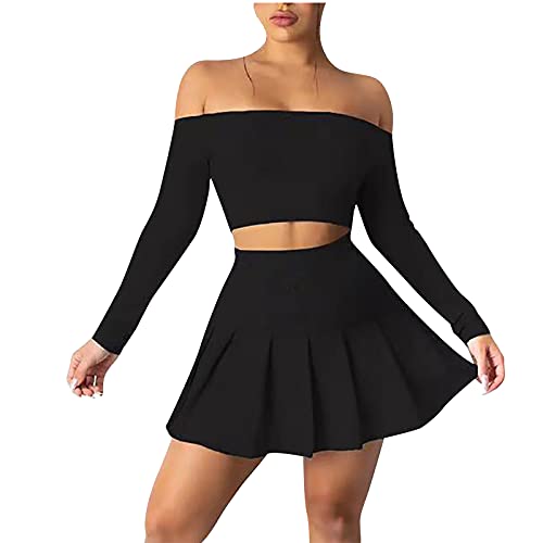 Women Pleated Skirts Sexy Strapless Tee Shirts Two Piece Outfits Sexy Off Shoulder Crop Tops Casual Long Sleeve Sets Black