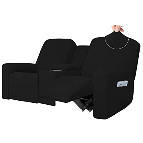 Image of Easy-Going 1 Piece Reclining Loveseat with Middle Console Slipcover | Stretch 2 Seater Loveseat Recliner Cover with Holder and Storage, Recliner Couch Sofa Cover, Furniture Protector Black