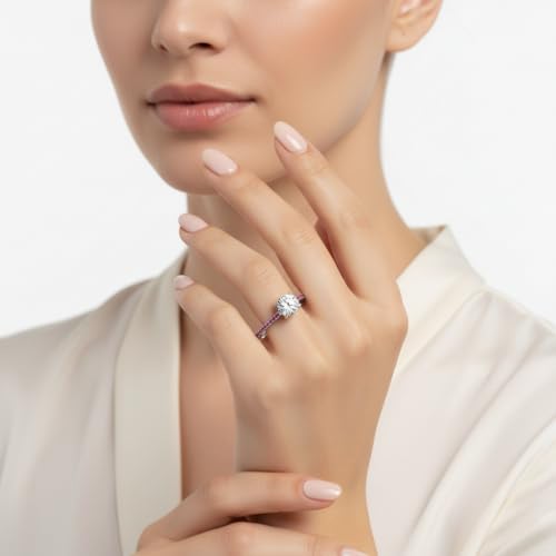 Image of Choose Your Gemstone Delicate Hidden Halo Diamond CZ Ring 925 Sterling Silver Round Shape Petite Engagement Rings Minimal Modern Design Birthday Gift Wedding Gift US Size 4 to 12