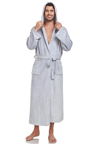 Mens Fleece Robe Hooded Plush Full Length Plush Bathrobe Warm House Robe