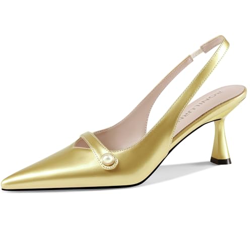 Image of Women Kitten Heels Slingback Low Heel Pumps Dress Shoes for Women Closed Pointed Toe Pearl Heels for Work Wedding Bridal