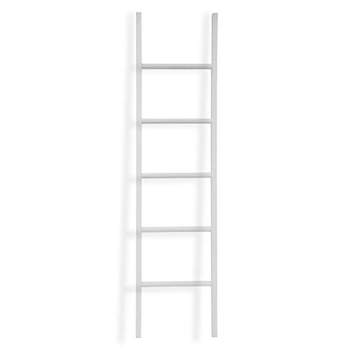 FUIN 6 Ft Wood Wall Leaning Decorative Ladders Shelves Rack for Blanket Quilt Towel Throws Scarves Storage, Rustic Farmhouse Bathroom Bedroom, White