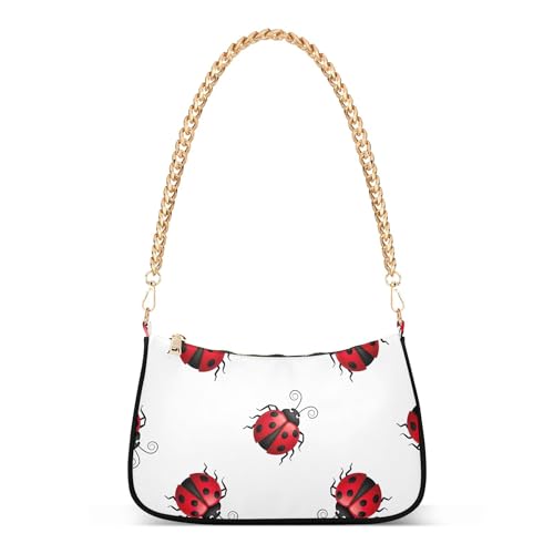 Vivid Red Black Ladybugs White Hobo Party Purse Women Tote Handbag Painting Floral Shoulder Bag Zipper Closure