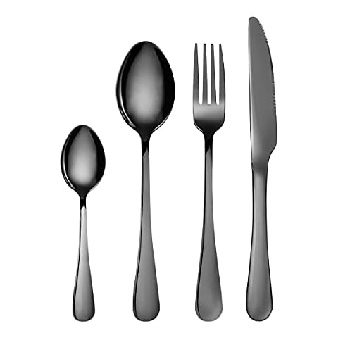 Cutlery Set, 4 Piece Stainless Steel Flatware Set, Tableware Silverware Set with Knife Fork Spoons, Black Mirror Polished and Dishwasher Safe, Ideal for Home, Party, Restaurant Cover