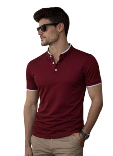 Image of Dagcros Men Polo T-Shirt, with White Trim, Short Sleeve, Button Collar Tshirt for Mens