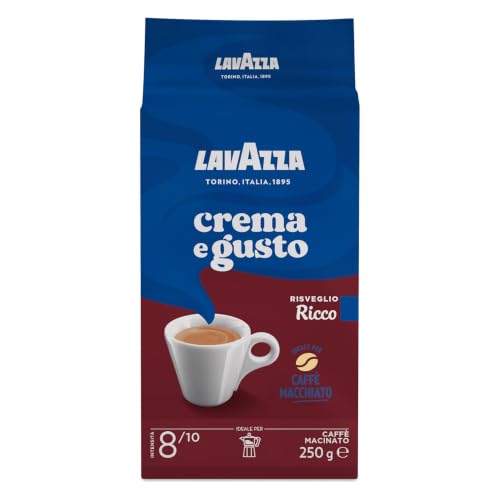 Lavazza, Crema e Gusto Ricco, Café Molido Natural, Ideal para Cafetera Italiana, de Filtro y Francesa, con Notas de Chocolate, Arábica y Robusta, Intensidad 8/10, Tueste Oscuro, 250 g