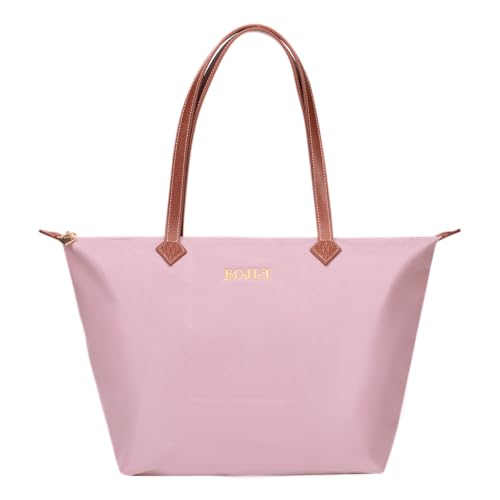 BOJLY Tote Bag Groß Shopper Tasche Damen, Leichte Faltbare Handtasche, Wasserdichte Nylon Schultertasche Damen mit Reißverschluss für Arbeit, Schule, Einkauf, Reisen (Blütenblatt Rosa)