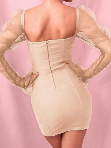 Image of Uni Clau Women Sexy Mesh Sheer Puff Long Sleeve Mini Dress Bodycon Deep V Neck Patchwork Party Clubwear Dress
