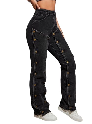 Women's High-Waisted Button Patch Jeans, Y2K Women's Jeans, Women's Casual Work Pants，Black3