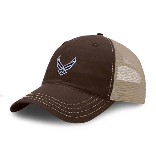 Richardson Soft Mesh Cap Hat Embroidered Air Force Emblem Embroidery Trucker Hats for Men & Women Cotton Brown Khaki Design Only