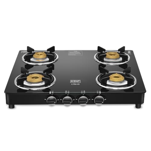 Image of KENT Lyra Gas Stove 4 Burner | Toughened Glass Top 6mm | Dual Drip Trays | Blended Metal Knob | Anti Corrosion Green Coating | Strong Pan Support | LPG /PNG Compatible | ISI Marked | 2Yr Warranty