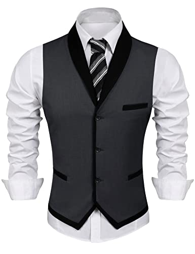 COOFANDY Men's Suit Vest Slim Fit Formal Business Dress Vest Casual Wedding Waistcoat, Dark Gray-black, Large