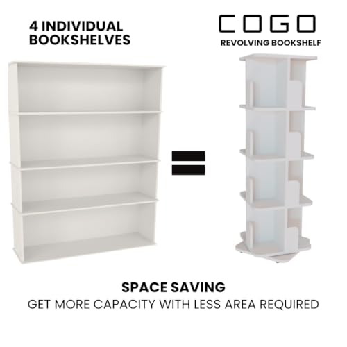 Image of COGO 4 Tier Revolving Bookshelf | 360 Smooth Revolve Mechanism | 52 x 15 x 15 inch | 100 Books Capacity | 17 mm Engineered Wood | Bookcase | Showcase | Do-It-Yourself | Colour: White