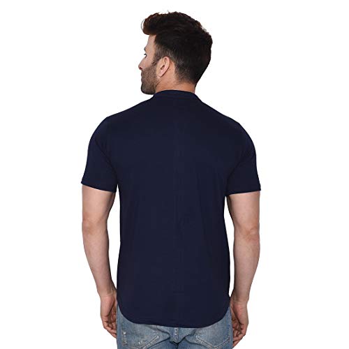 Image of Geum Men's Mandarin Collar Shirt with Graphic Print| Short Sleeve Cotton Blend Slim Fit Casual Shirt for Men