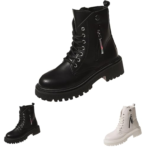 Botines de media altura para mujer con tacón, botas planas de moto con cremallera botas de equitación con cordones zapatos de cuero elegantes botas casuales monocolor, Negro , 38 EU