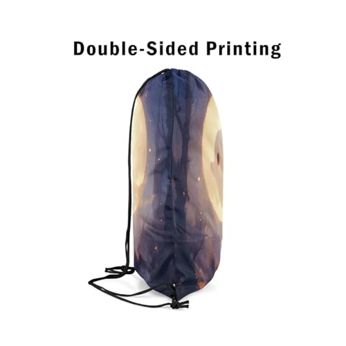 Castle Fairy Lovely Ghost Drawstring Backpack 13"x16" Happy Halloween Watercolor Moon Water Resistant Gym Sack for Men Women Oil Style Jungle Trees Decor Sports Sackpack for Trip Travel4