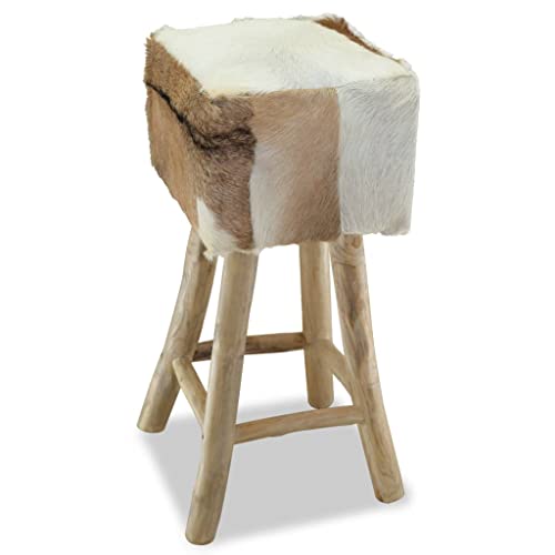 Lo sgabello da bar ha una solida struttura in teak che lo rende stabile e molto resistente. Il sedile è rivestito in vera pelle di capra al 100%, forte e resistente, con un motivo a pelle di mucca. La villosa pelle di capra è morbida al tatto ed estremamente comoda. Il bellissimo motivo in pelle naturale rende ognuno di questi sgabelli unico e leggermente diverso da tutti gli altri.