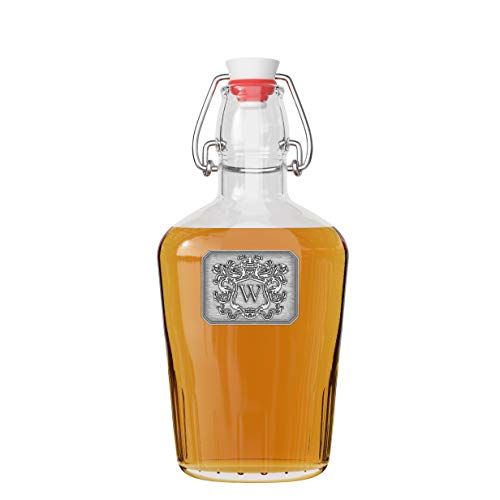 Personalized Swing Top Pocket Flask Glass Bottle Monogram Initial Pewter Engraved Crest - Novelty for Weddings, Birthdays or any Special Occasions by Fine Occasion  Pick Your Letter (W, 8oz)