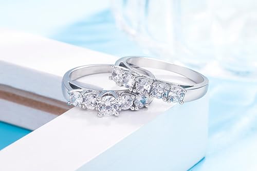 Round Sterling Silver Cubic Zirconia Ring, Platinum Plated Prong Set 10 Stone Ring, Stackable Round Engagement Ring, Cubic Zirconia Jewelry for Wedding, Anniversary, Birthday(US Size-7)3