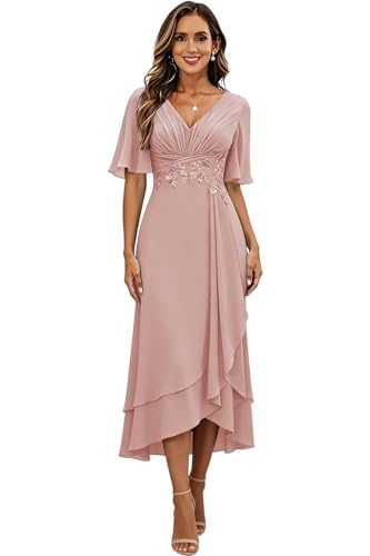 Image of Lace Applique Mother of Bride Dresses Chiffon Mother of the Groom Dresses Tea Length Formal Evening Dress with Sleeve
