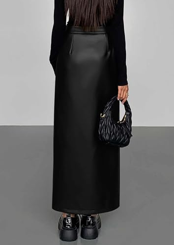 PRETTYGARDEN Womens Faux Leather Skirts 2025 Fall Fashion Bodycon High Waisted Slit Work Office Winter Maxi Long Pencil Skirt