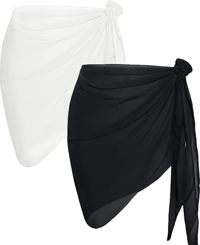 2 Pieces Women Beach Sarong Bathing Suit Wrap Skirt Sheer Bikini Swimsuit Cover Ups for Swimwear (White and Black)