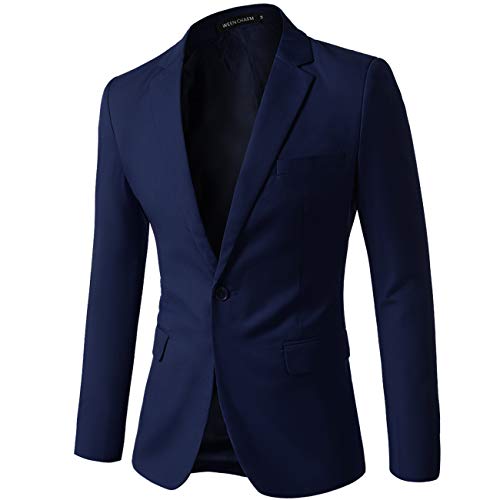 WEEN CHARM Men Casual Blazer Jacket Slim Fit One Button Solid Suit Separate Jacket Navy Blue
