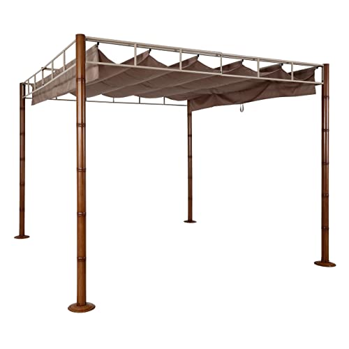 Pergola HWC-L42, tuinpaviljoen terrasoverkapping, stabiel 7 cm metalen frame 3 x 3 m bamboe-look - taupe-bruin - Afbeelding 5