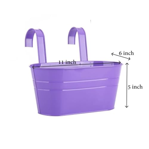 Image of 12 INCH Anti Rust Railing Oval Planter for Balcony & Garden with Detachable Handle | Hanging Flowerpot Holder | Metal Wall Planter for Indoor and Outdoor Decor (Multicolour, 3)