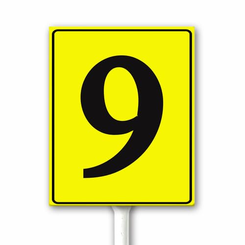 Aluminum Number Signs 9, Metal Yellow Numbered Signs With Stake Outdoor for Parking Lots Yard Floor Dock Court Street Field, 12x15 CM Sturdy Weatherproof Fade Resistant Easy Mounting