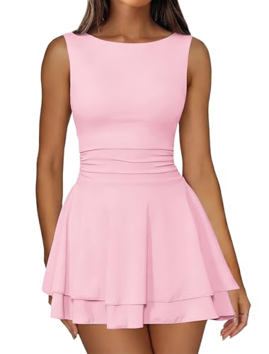 Image of IWD Women's Boat Neck Sleeveless Mini Dress Ruched Waist Flowy Tiered Ruffle Hem A Line Party Short Dresses