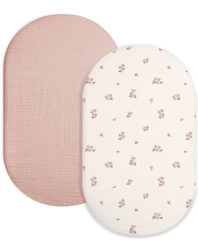 Image of Bassinet Sheet for Baby Boy and Girl 2 Pack, Fitted Sheets for Rectangle, Oval, Hourglass Bassinet Mattress, Muslin Moses Basket Sheets with Neutral Style (Vintage Blossom & Pink)